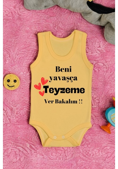 Bebetospik %100 Pamuklu Beni Yavaşça Teyzeme Ver Baskılı Yumuşak Doku Baskılı Zıbın & Body Sarı