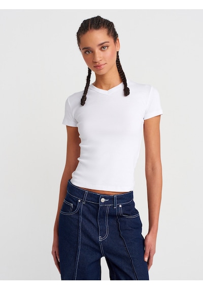 Dilvin 31673 V Yaka T-shirt-beyaz Beyaz