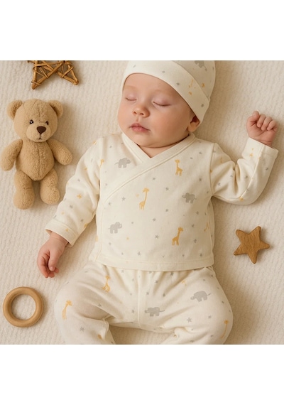 Babydonat Zürafa Desenli 3 Parça Erkek Bebek Hastane Çıkışı % 100 Pamuk Beyaz