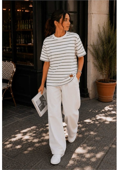 Tenra Kadın Beyaz Çizgili Oversize Kısa Kol Basic Tunik Tişört Yeşil