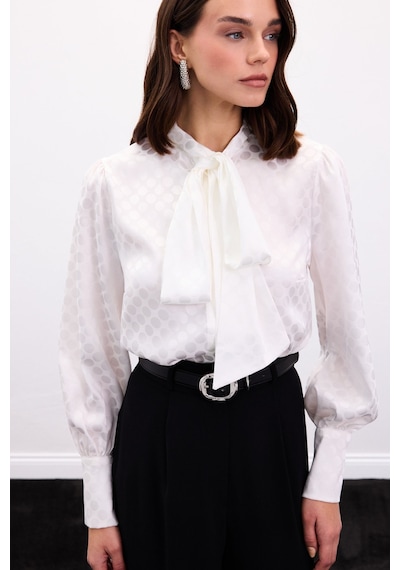 Sateen Puantiye Desenli Gömlek - Ekru-136903 ekru