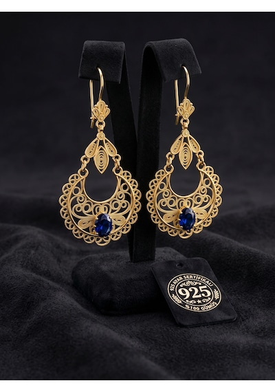 925 Ayar Gümüş Geleneksel Telkari İşlemeli Gold Safir Taşlı Sallantılı Küpe