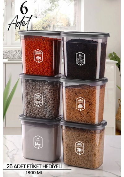 Kitchen Life 6'lı Şeffaf Antrasit Dikdörtgen Saklama Kabı Seti 1800ml - Çoklu Set Yapılabilen Set Erzak Antrasit