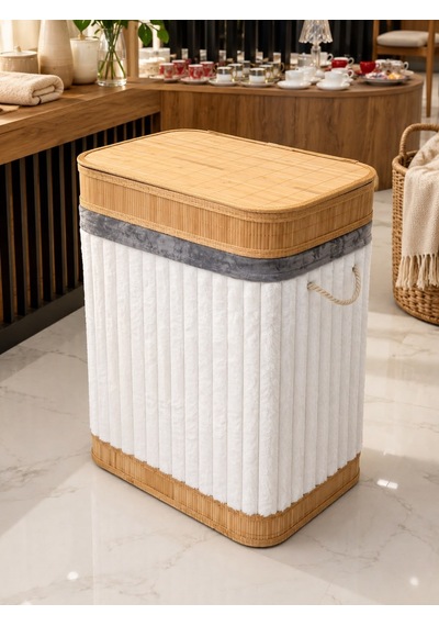Bambu Üzeri Peluş Kaplama Büyük Boy Çamaşır Sepeti - Beyaz -7494 Çok Renkli
