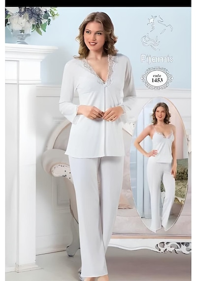 Pijamis 1453 Uzun Kol 3 Lü Kadın Pijama Takım Kutulu Ekru