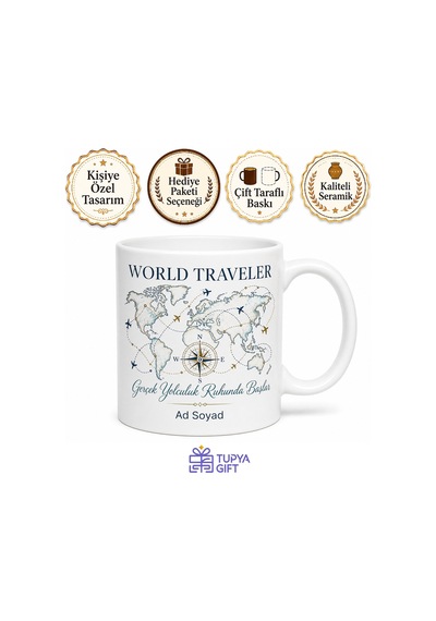 World Traveler Yazılı Dünya Gezgini Kıtaları Aşan Seyyah Kahve Kupası Hediye Beyaz / Çok Renkli