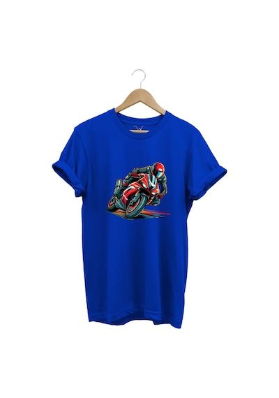Kırmızı Racing Motosiklet Baskılı %100 Pamuk Regular Fit Unisex T-shirt Mavi