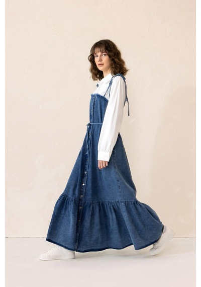 Olcay Gömlek Espirili Eteği Volanlı Denim Elbise Mavi 9305-e