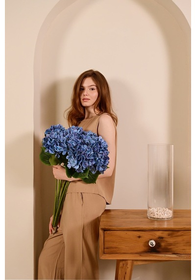 Saks Mavi Yapay Ortanca Çiçeği Tek Dal Premium Canlı Islak Dokulu 68 Cm