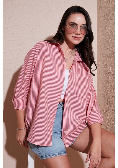 Lela Regular Fit Uzun Kollu Cepli Çizgili Bayan Gömlek 6772895 Kırmızı