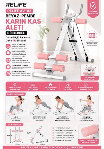 Delux Serisi Relife Av-02 Beyaz-pembe Karın Kas Aleti Göstergeli Spor Sevgisi Fitness Hareket