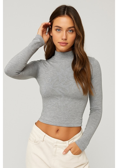 Rich Kadın Gri Melanj Yarım Balıkçı Yaka Uzun Kollu Crop Bluz Gri Melanj