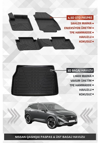 Sahler Qashqai 2022+ Benzinli Uyumlu 4.5d Premium Havuzlu Oto Paspas Ve Liner Marka 3d Ust Bagaj Hav