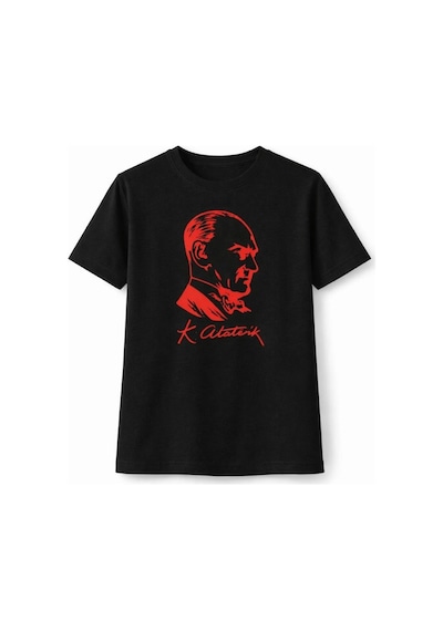 Barlashive Kız Çocuk Atatürk Baskılı Tişört Kısa Kollu Bisiklet Yaka T-shirt - Siyah Çok Renkli