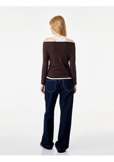 Koton Slim Fit Asimetrik Yaka Katmanlı Uzun Kollu Tişört Kahverengi 7wal10328ık Kahve
