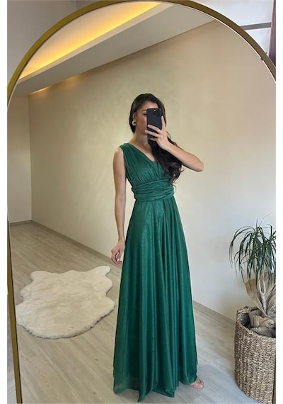 Neşeli Butik Kadın Drapeli Işıltılı Kalın Askılı Abiye Elbise Nm003 Zümrüt Yeşili