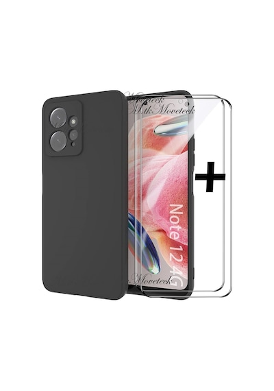 Xiaomi Redmi Note 12 4g Kılıf Yumuşak Premium Silikon 9h Ekran Koruyucu Set Kamera Korumalı Soft Siyah