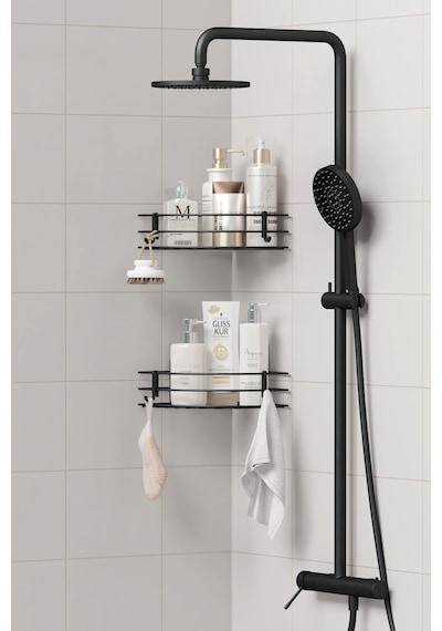 Zabata Yapışkanlı 2 Li Set Banyo Köşeliği Köşe Rafı Duş Şampuanlık Duvar Düzenleyici Organizer Raf Siyah