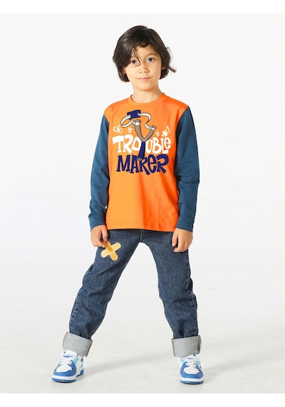 Casabony Trouble Maker Denim Pantolon +T-Shirt Takım-Indigo - Turuncu İndigo - Turuncu