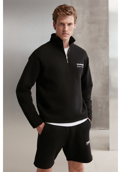 Grimelange Halden  Erkek Içi Polarlı Dik Yaka Yarım Fermuarlı Baskı Detaylı Regular Siyah Sweatshirt