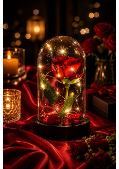 Led Işıklı Cam Fanus Solmayan Gül Sevgiliye Romantik Özel Gün Hediyesi Dekoratif Gece Lambası