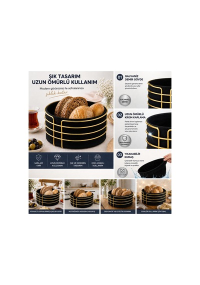Gold Detaylı Galvaniz Metal Bezli Yuvarlak Ekmek Sepeti 22x11 Cm Yıkanabilir Kumaşlı Modern Şık Sunumluk Siyah