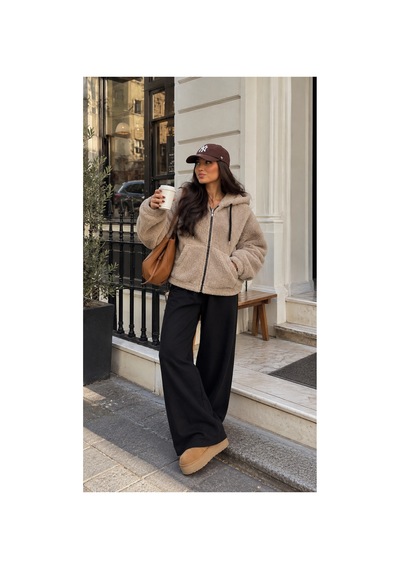 Nilza Kadın Teddy Peluş Ceket Kapüşonlu Fermuarlı Cepli Oversize Sweatshirt Bej