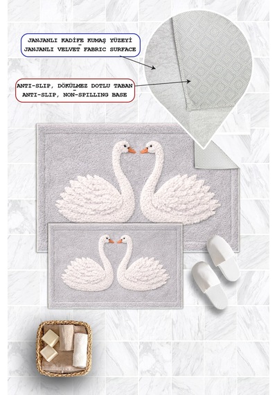 Kuğu Desenli Dijital Baskılı Yıkanabilir 2li Banyo Paspası 50x60-60x100 Gri