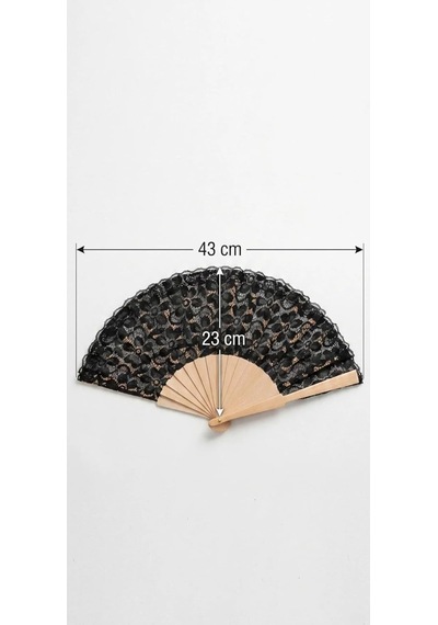Dantel Detaylı Bambu Katlanır El Yelpazesi, Siyah, 43 X 23 Cm, Çiçek Desenli