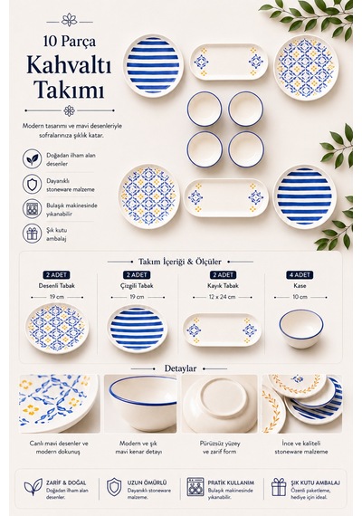 10 Parça 4 Kişilik Oceana Stoneware Kahvaltı Takımı - Özel Desenli Kahvaltılık Servis Sunum Seti Çok Renkli
