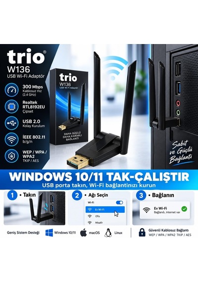 Trıo W136 300mbps Realtek Rtl8192eu Kablosuz Wifi Adaptör, Çift Antenli Usb Wireless Dongle, Pc Laptop Notebook İçin Usb Wifi Alıcı, Windows 10/11 Uyumlu Tak Çalıştır Kablosuz İnternet Adaptörü