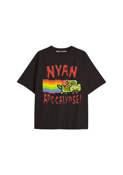 Kalic Studio Nyan Nyan Cat Oversize Unisex T-shirt Siyah