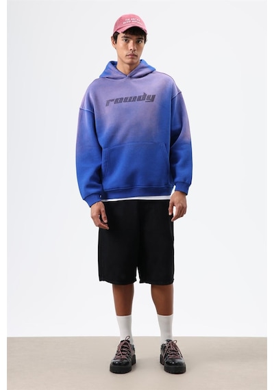 Vamos Oversize Baskılı Yıkamalı Hoodie Saks Mavi