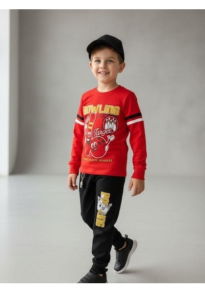 Zekids Erkek Çocuk Pamuklu Bowling Baskılı Pijama Takımı-16821 Kırmızı