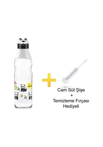 Panda Desenli Cam Şişe 1 Lt Şişe Temizleme Fırçası Hediye