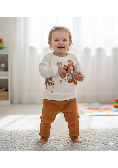 Poppy Trend Kız Bebek Kedi Baskılı Çıt Çıtlı Alt Üst İkili Gündelik Takım Kahverengi