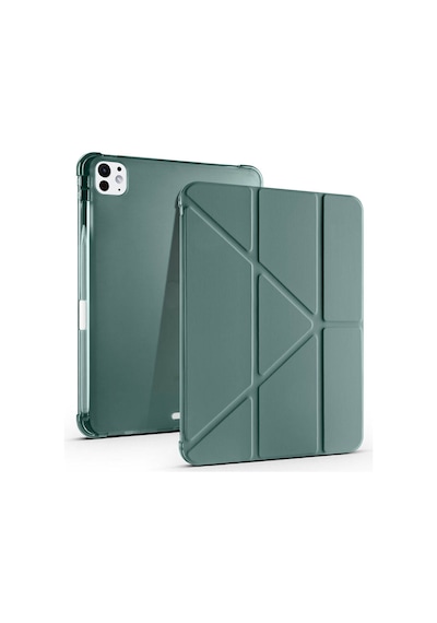 Apple Uyumlu iPad  Pro 11 2025 M5 Kılıf Mkst Tri Folding Kalem Bölmeli Standlı Kılıf - Koyu Yeşil Tablet Kılıfı