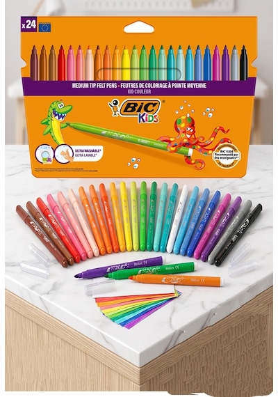 Keçeli Kalem 24 Renk 1 Paket Bic Kid Couleur 24 Lü Keçeli Kalem Canlı Renkler Yıkanabilir Kaliteli Okul Öğrenci