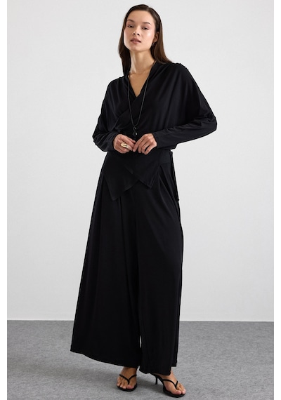 Olcay Asimetrik Kesim Şalvar Pantolon Kimono Takım Siyah 9475-tk
