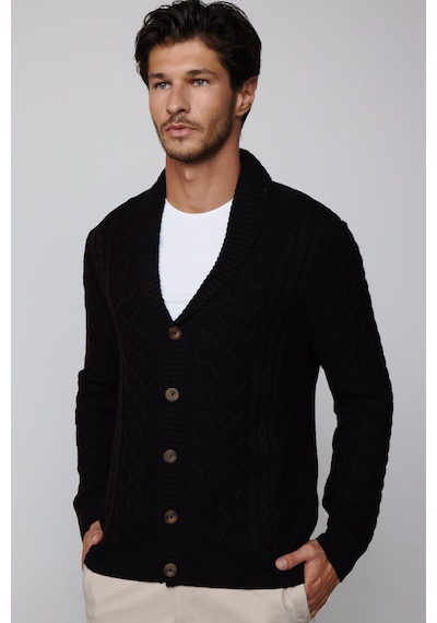 Tudors Slim Fit Dar Kesim Desenli Yumuşak Dokulu Düğmeli Siyah Erkek Hırka-29566-siyah Siyah