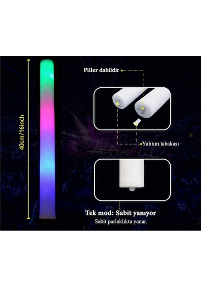 Led Köpük Işık Çubuğu 10 Adet 40 Cm Rgb Işıklı Eğlence Çubuğu Seti 3+ Yaş