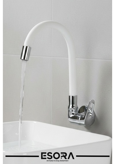 Duvardan Tek Su Çıkışlı Beyaz Spiral Hareketli Borulu Mutfak Lavabo Bataryası Musluğu Çeşmesi