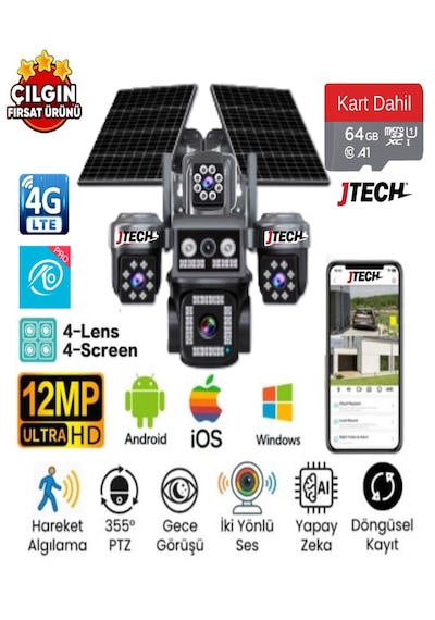 O-kam Ok-332 Premium 4g 12mp 4g Sim Kartlı Solar Panelli 4 Lens 1 Ptz Akıllı Kamera