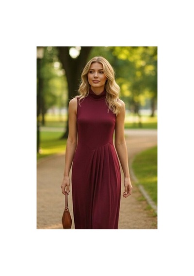 Zdnjeans Pileli Bordo Uzun Elbise