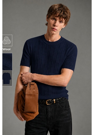 Cool Tarz Erkek Çizgili Triko Tişört Bisiklet Yaka Slim Fit Kısa Kollu Lacivert Lacivert