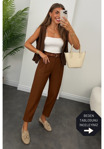Trend Alisse Premium Kalite Tok Kumaş Kemerli Kahverengi Havuç Pantolon Açık Kahverengi