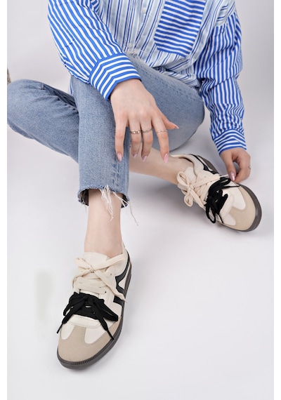 Muggo Retro Çift Bağcıklı Günlük Kadın Sneaker Spor Ayakkabı - Bej