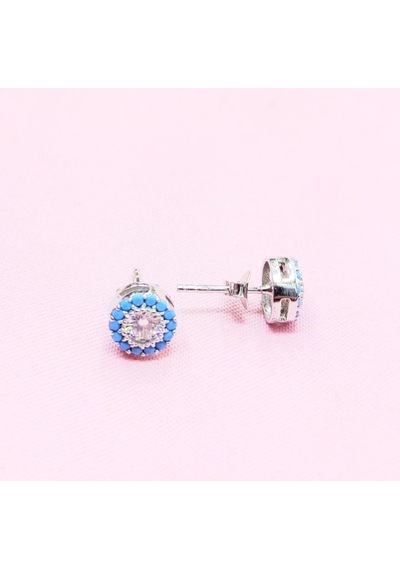 Oriental Kuyumculuk Jewellery Firuze Ve Baget Taşlı Tek Taş Yuvarlak Küpe Gümüş