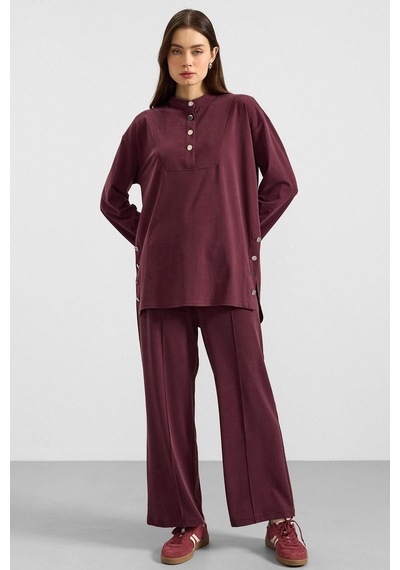 Olcay Metal Düğmeli Premium Kumaş Sweat Pantolon Takım Bordo 9405-tk