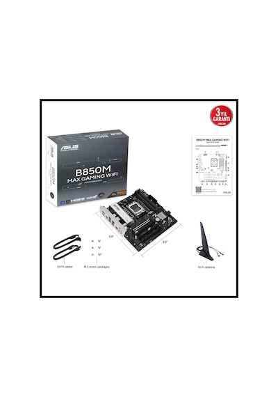 Asus B850m Max Gamıng Wıfı, 4xddr5, 3x M2, Hdmı, Dp, Type-c, Wi-fi 6, Bluetooth V5.4, Am5 Soket Gamı